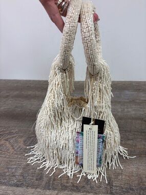 NWT Handcrafted Ivory Beaded Fringe Handbag | Indian Artisan  Boho Statement Bag